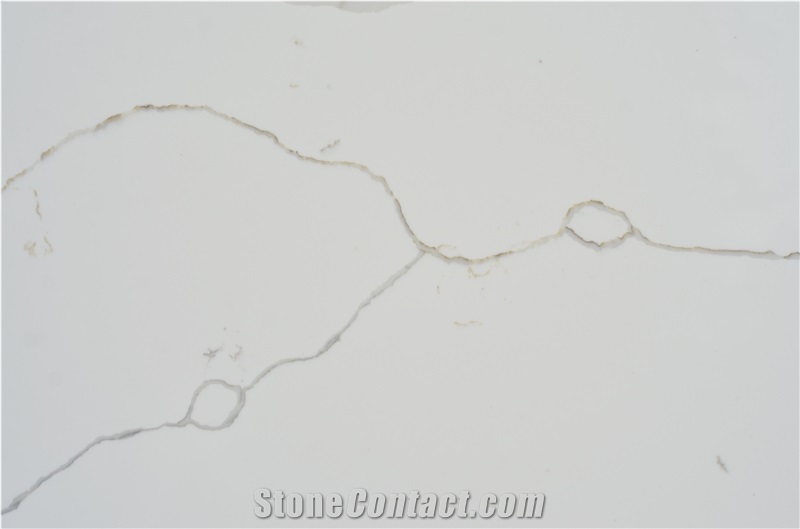 Bookmatched Veins in White Calacatta Quartz Slab