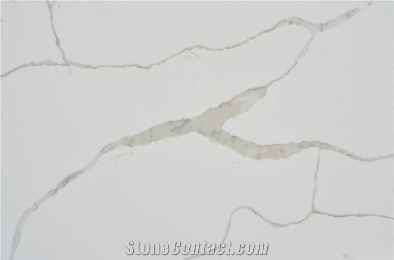 Bookmatched Veins in White Calacatta Quartz Slab