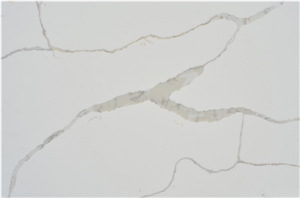 Bookmatched Veins in White Calacatta Quartz Slab