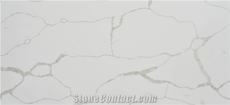 Bookmatched Veins in White Calacatta Quartz Slab