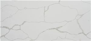 Bookmatched Veins in White Calacatta Quartz Slab