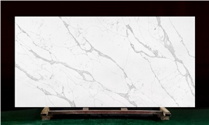 Bookmatched Veins in White Calacatta Quartz Slab
