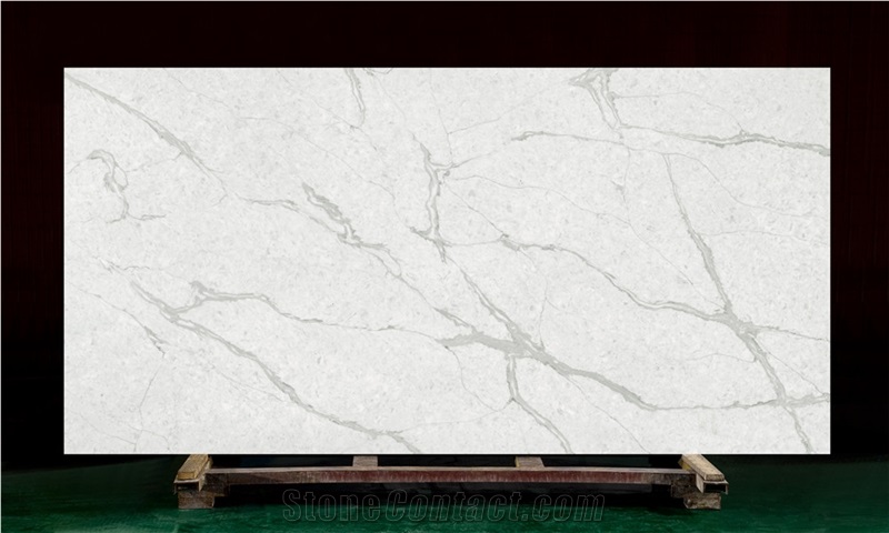 Bookmatched Veins in White Calacatta Quartz Slab