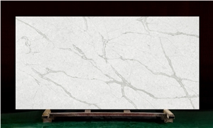 Bookmatched Veins in White Calacatta Quartz Slab