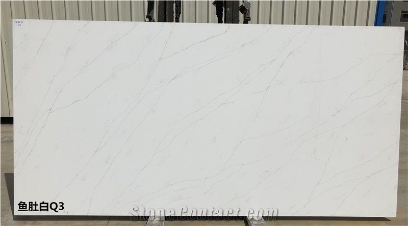 Bookmatched Veins in White Calacatta Quartz Slab