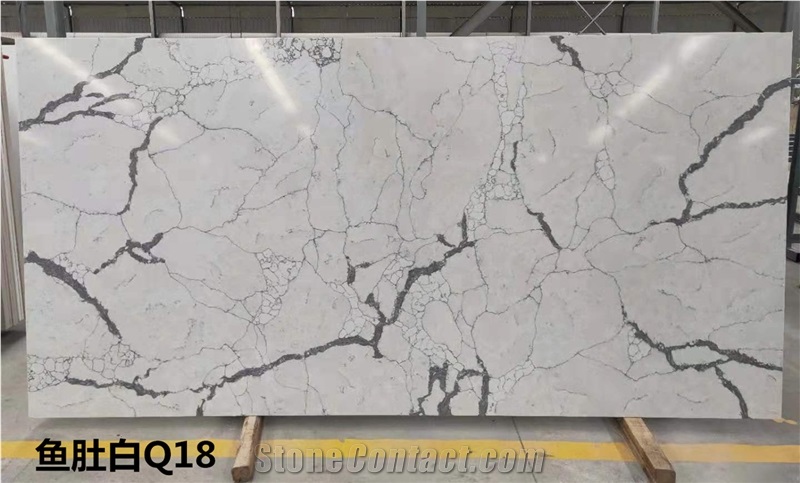 Bookmatched Veins in White Calacatta Quartz Slab