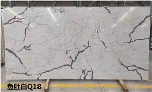 Bookmatched Veins in White Calacatta Quartz Slab