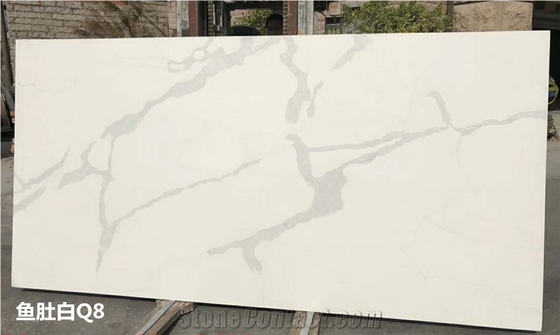 Bookmatched Veins in White Calacatta Quartz Slab