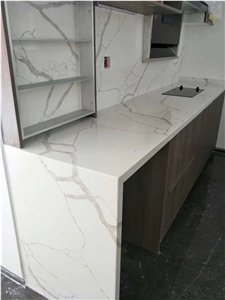 White and Grey Vein Calacatta Quartz Kitchen Slab