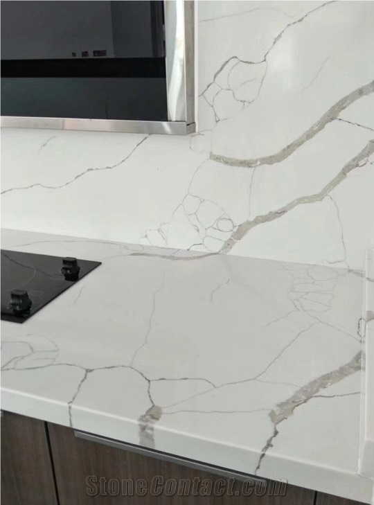White and Grey Vein Calacatta Quartz Kitchen Slab