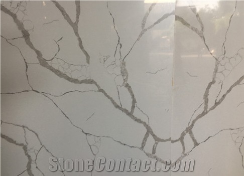 White and Grey Vein Calacatta Quartz Kitchen Slab