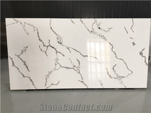 White Calacatta Quartz Stone Kitchen Slab Project