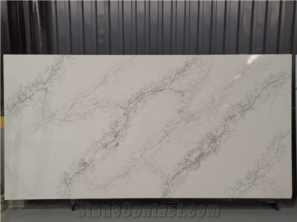 White Calacatta Quartz Stone Kitchen Slab Project