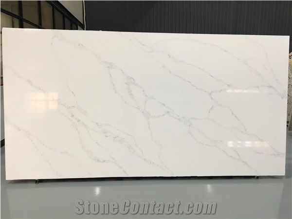 White Calacatta Quartz Stone Kitchen Slab Project