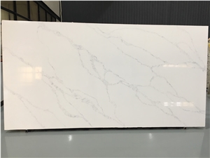 White Calacatta Quartz Stone Kitchen Slab Project