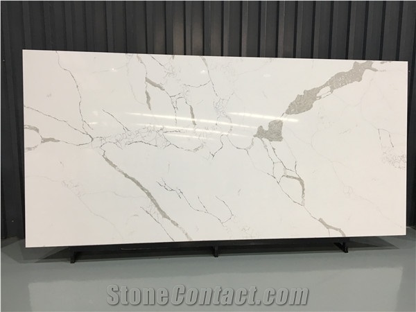 White Calacatta Quartz Stone Kitchen Slab Project