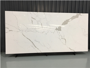 White Calacatta Quartz Stone Kitchen Slab Project