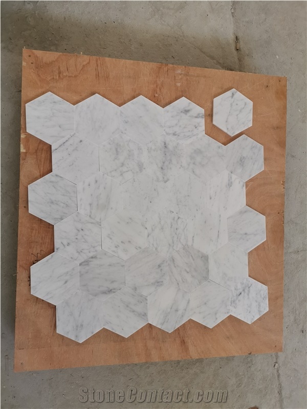 Hexagon Carrara White Marble Floor Mosaic Tiles