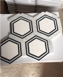 White Mix Black Marble Hexagon Mosaic Tiles