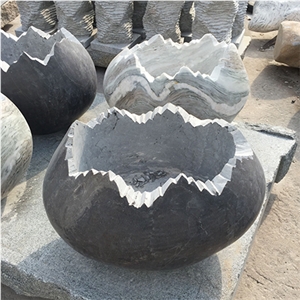 Garden Black Granite Carved Stone Flower Pot