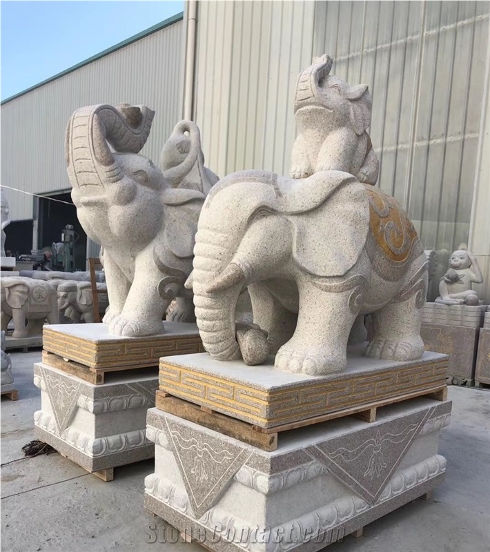Golden Child-Mother Elephant Stone Animal Statues