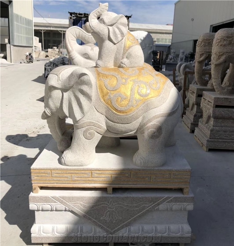Golden Child-Mother Elephant Stone Animal Statues