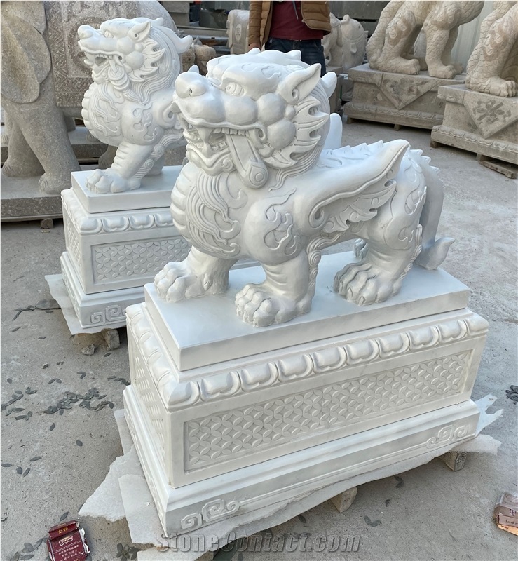 Pure White Marble Kylin Pi Xiu Handcarved Statues