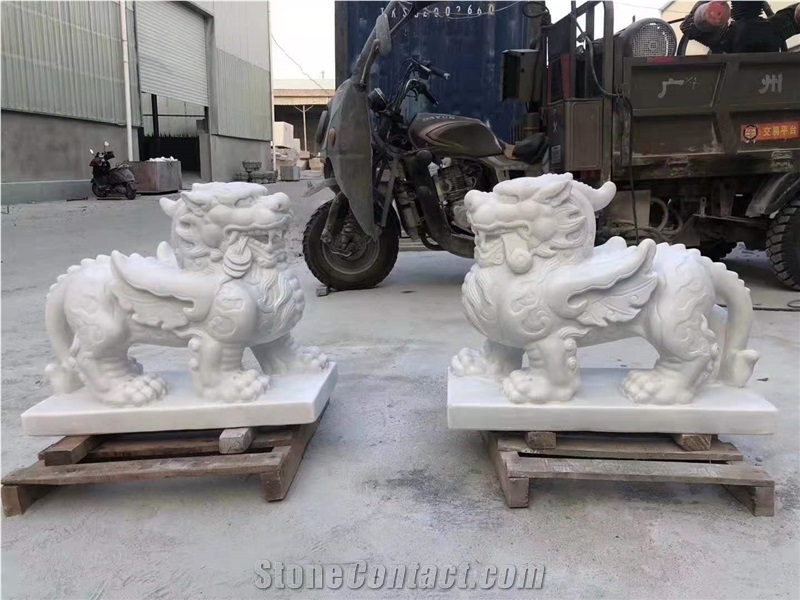 Pure White Marble Kylin Pi Xiu Handcarved Statues