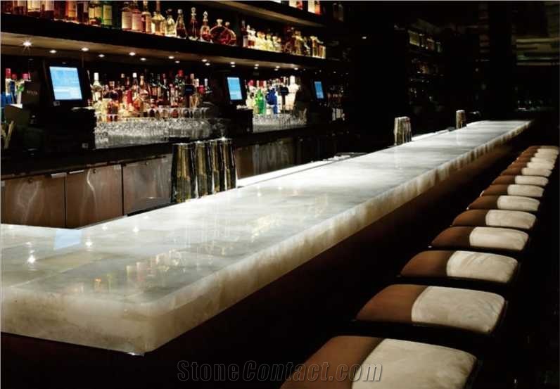 White Crystal Semiprecious Stone Bar Tops, Commercial Counters