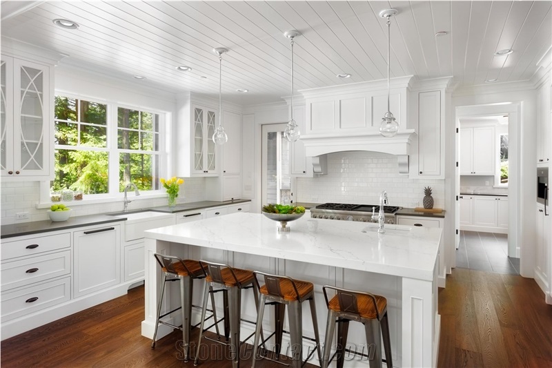 Pure White Quartz Kitchen Countertop, Island Top