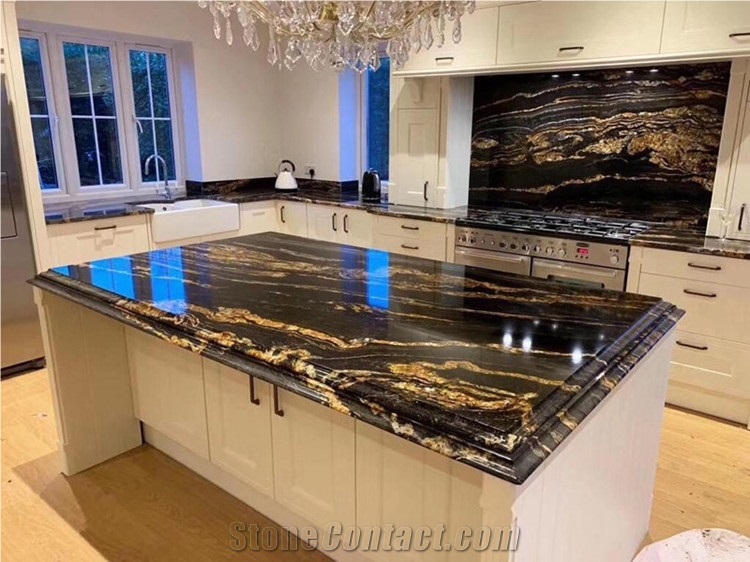Black Fusion Granite Slab for Kitchen Countertops