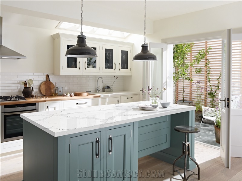White Calacatta Quartz Bathroom Island Countertop