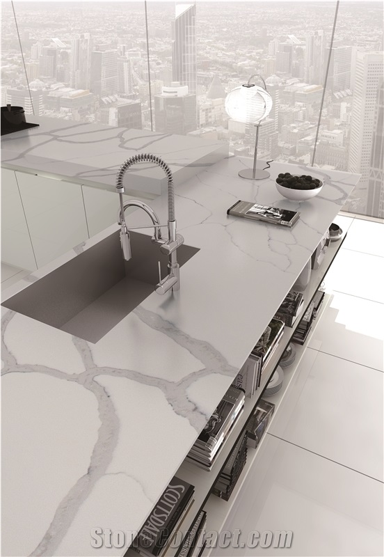 White Calacatta Quartz Kitchen Island Countertop