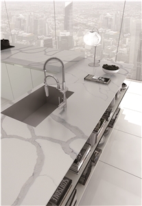 White Calacatta Quartz Kitchen Island Countertop