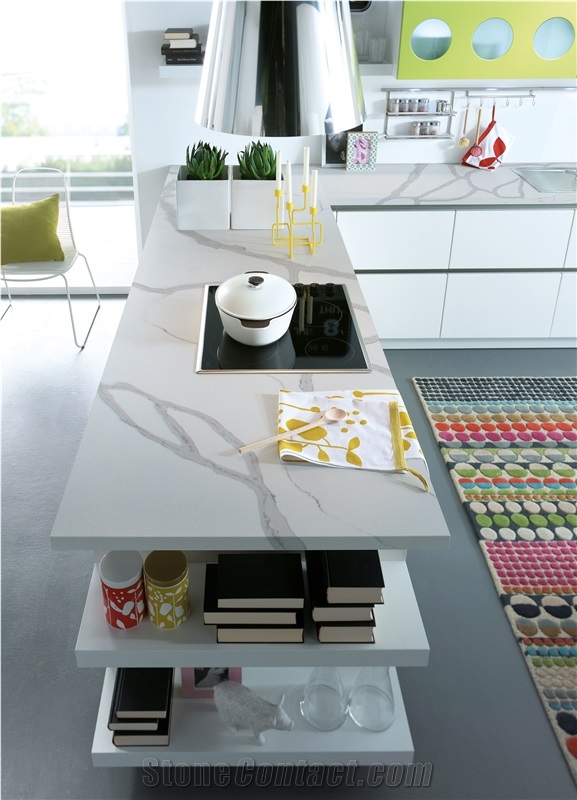 White Calacatta Quartz Kitchen Island Countertop