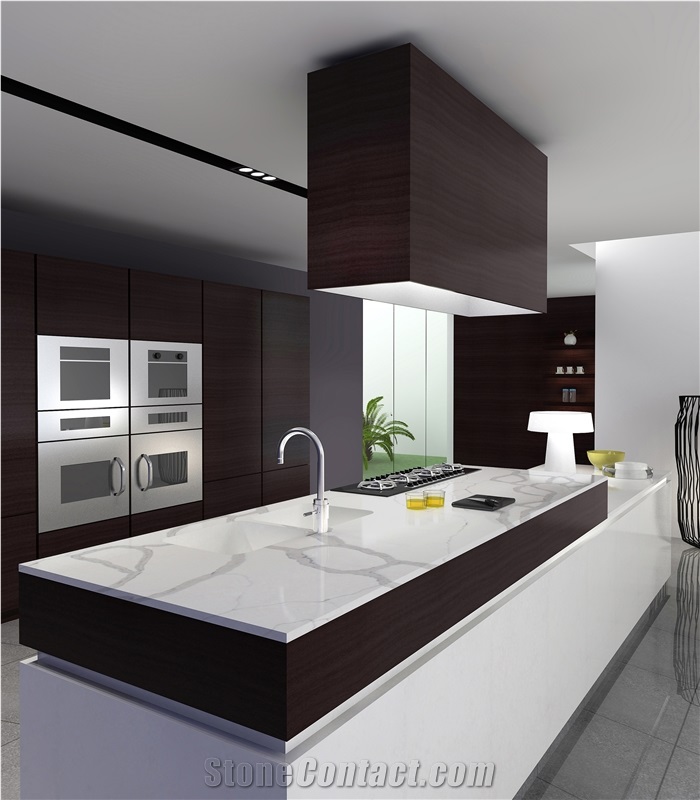 White Calacatta Quartz Kitchen Island Countertop