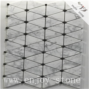 Honed Carrara + Nero Margiua Marble Mosaic Tiles