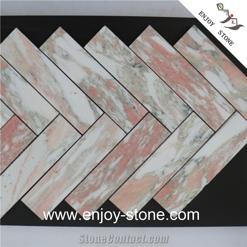 Honed Norwegian Red Herringbone Marble Mosaic Tile