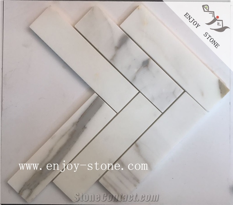 Calacatta Herringbone Marble Mosaic Tiles