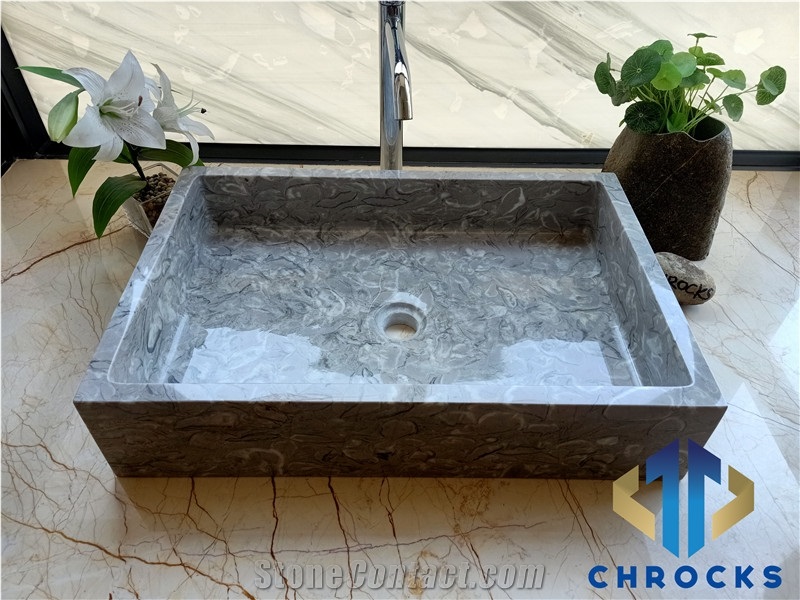 Grey Shell Marble Vessel Sink, Marble Basin