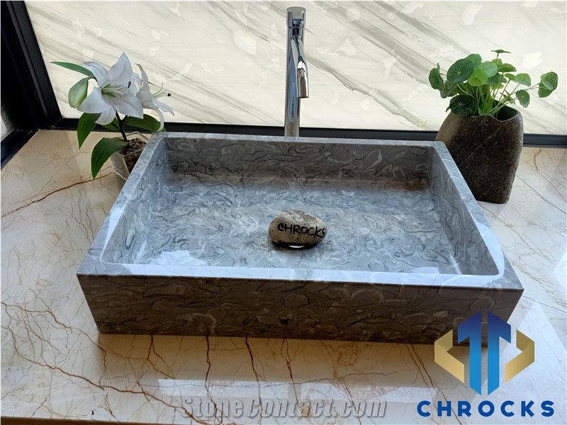 Grey Shell Marble Vessel Sink, Marble Basin