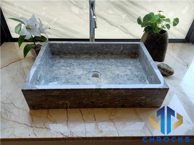 Grey Shell Marble Vessel Sink, Marble Basin