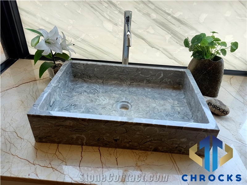 Grey Shell Marble Vessel Sink, Marble Basin