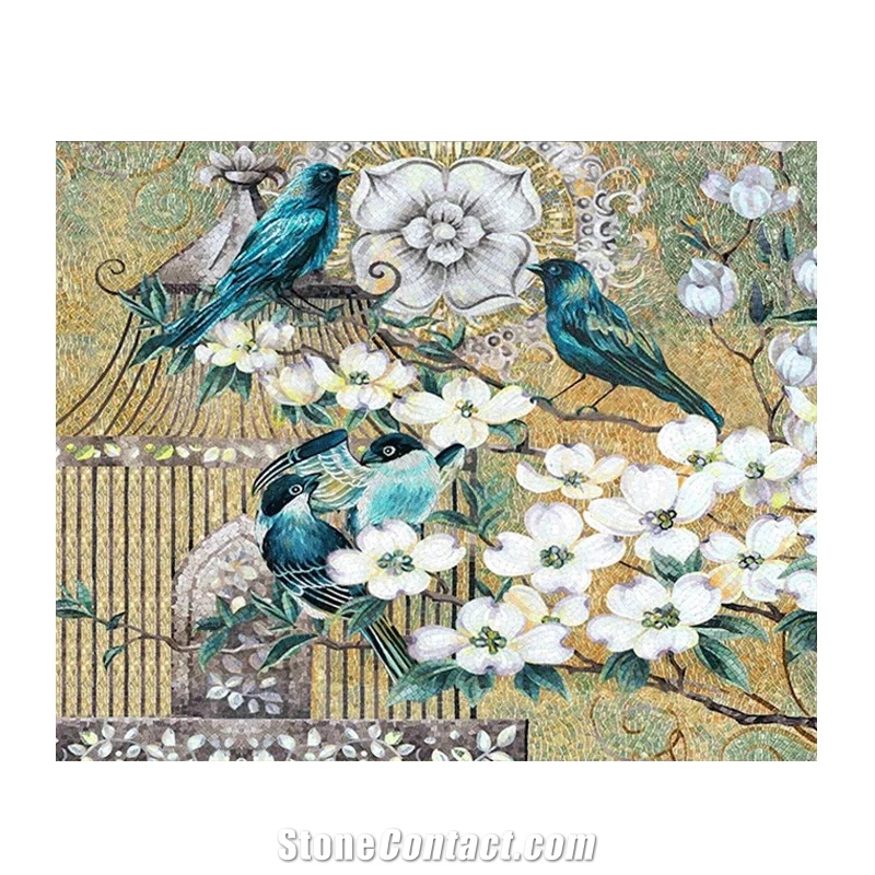 Two Couple Birds with Birdcages on Flowers Glass Mosaic Art