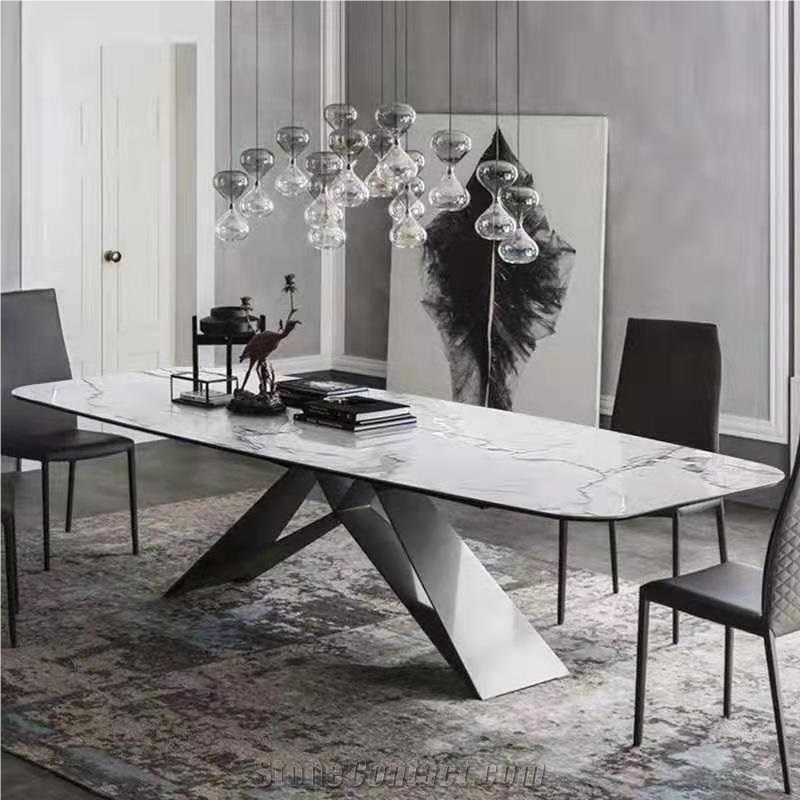 White Marble Look Porcelain Panel Coffee/Dinner Metal Legs Table