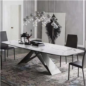 White Marble Look Porcelain Panel Coffee/Dinner Metal Legs Table