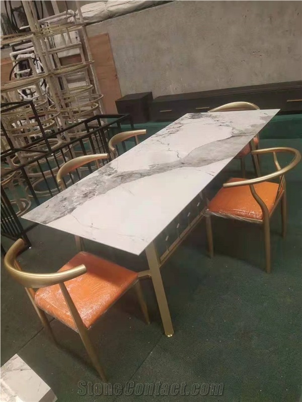 White Marble Look Porcelain Panel Coffee/Dinner Metal Legs Table