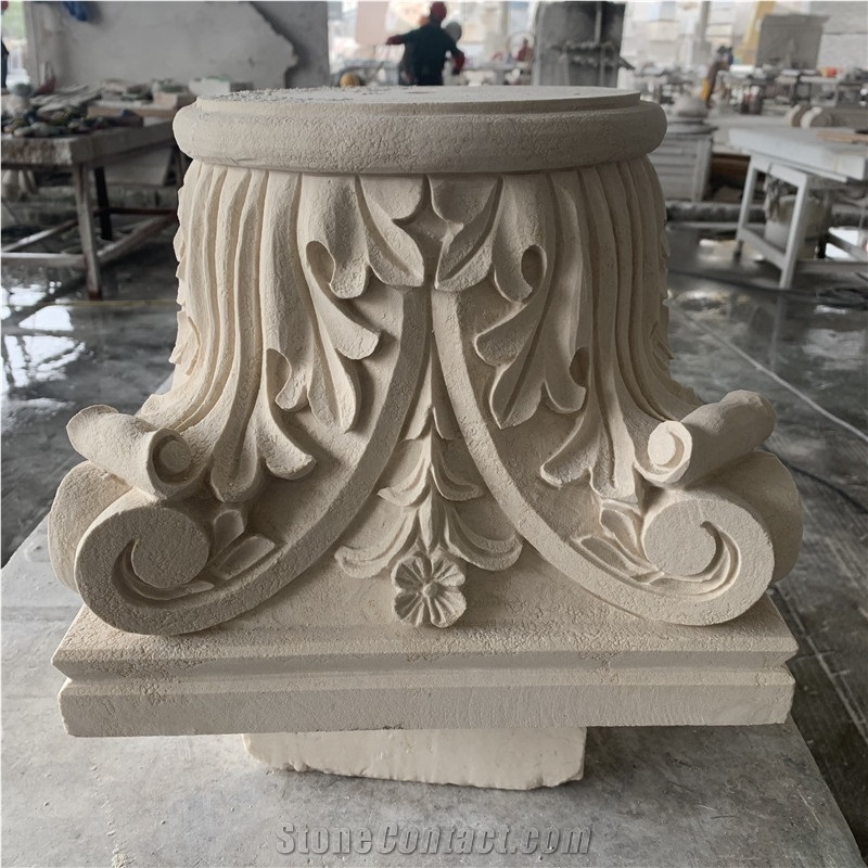 Beige Limestone Carve Decorative Stand Pillar