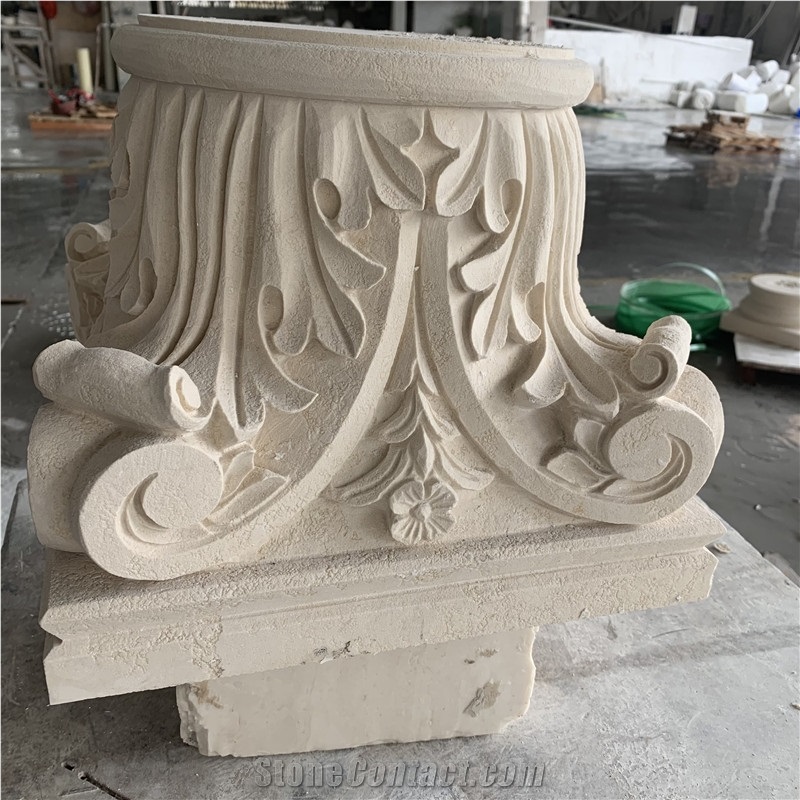 Beige Limestone Carve Decorative Stand Pillar