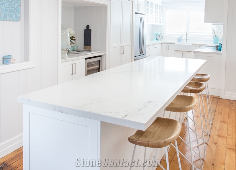 Carrara White Quartz Countertops with Grey Veins